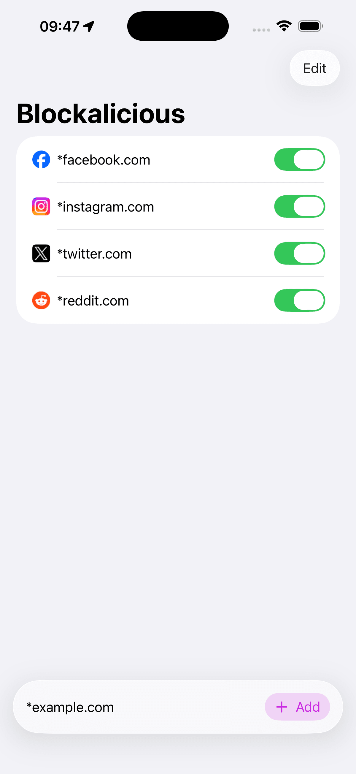 Blockalicious on iPhone showing blocked websites list