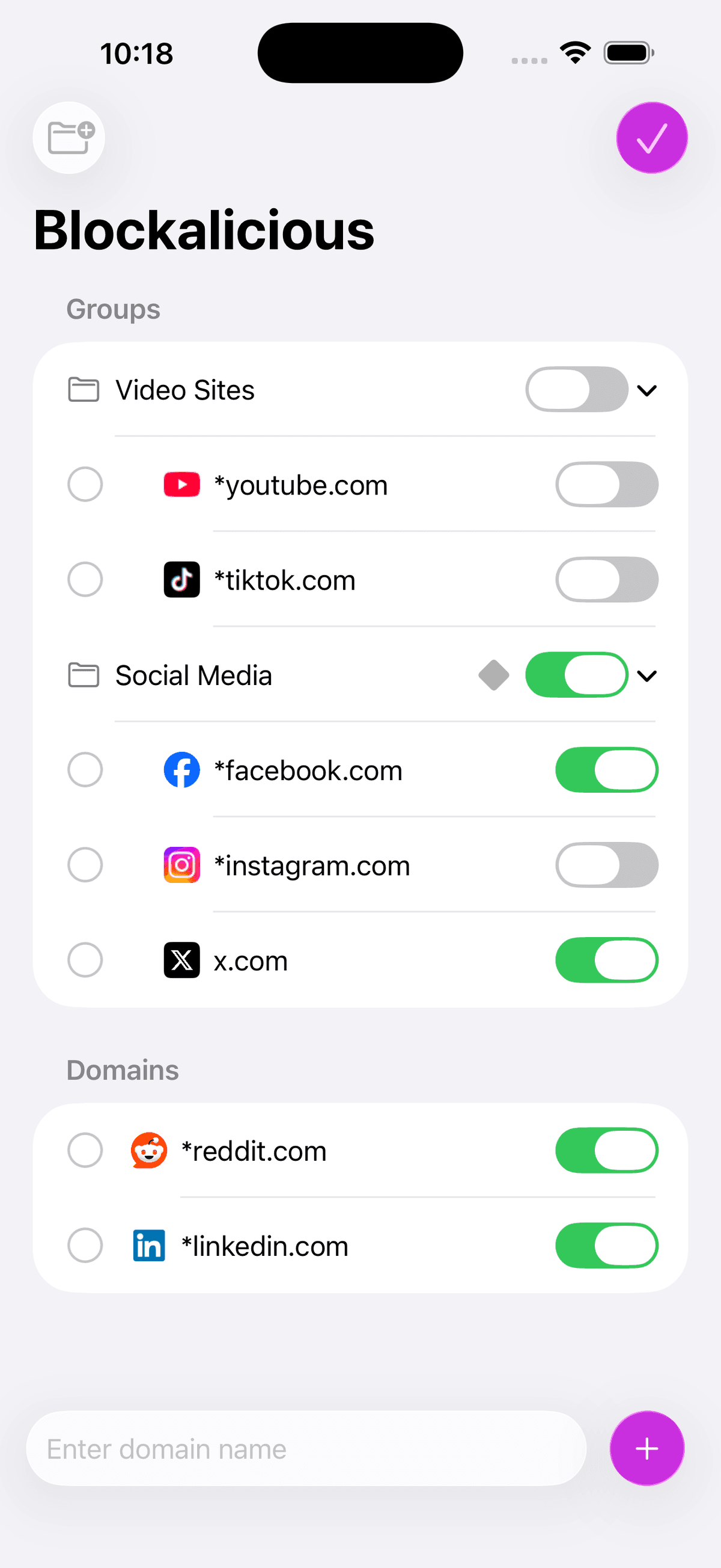 Blockalicious on iPhone showing blocked websites list