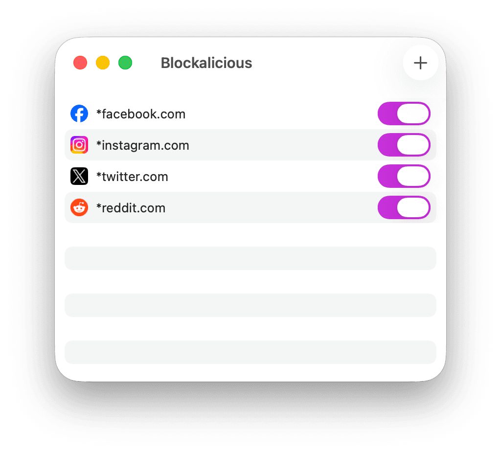 Blockalicious main window showing blocked websites list